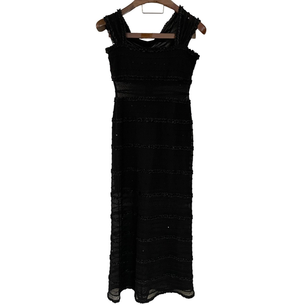 Tadashi Black Beaded Ruffle Tiered Sheer Mesh Bands Maxi Formal Dress Y2K Prom S - Picture 7 of 15